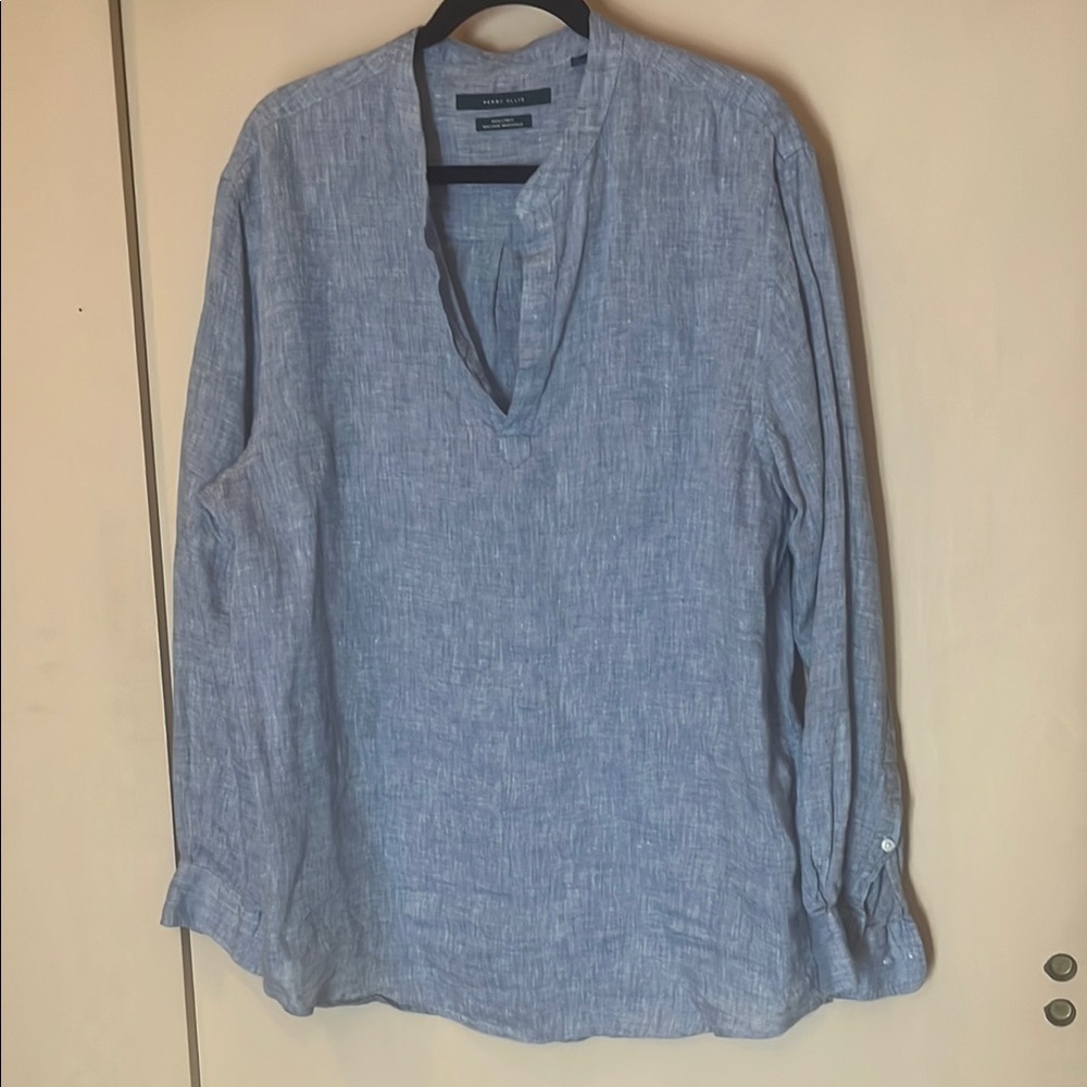 Perry Ellis Blue Linen open neck Shirt size large